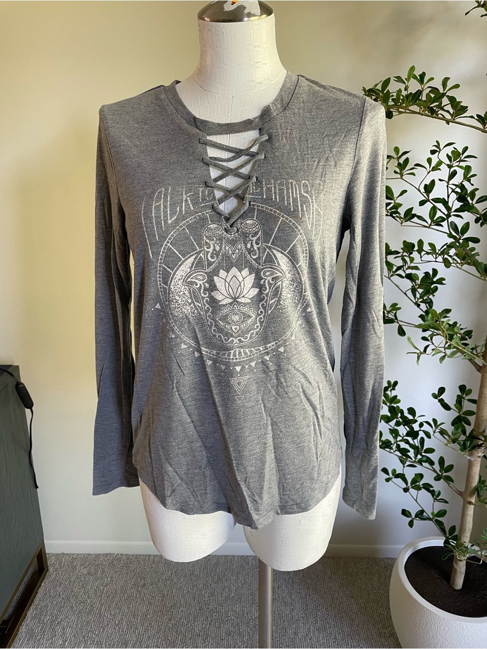 Modern Lux Gray Lace-Up Hamsa Long Sleeve Top